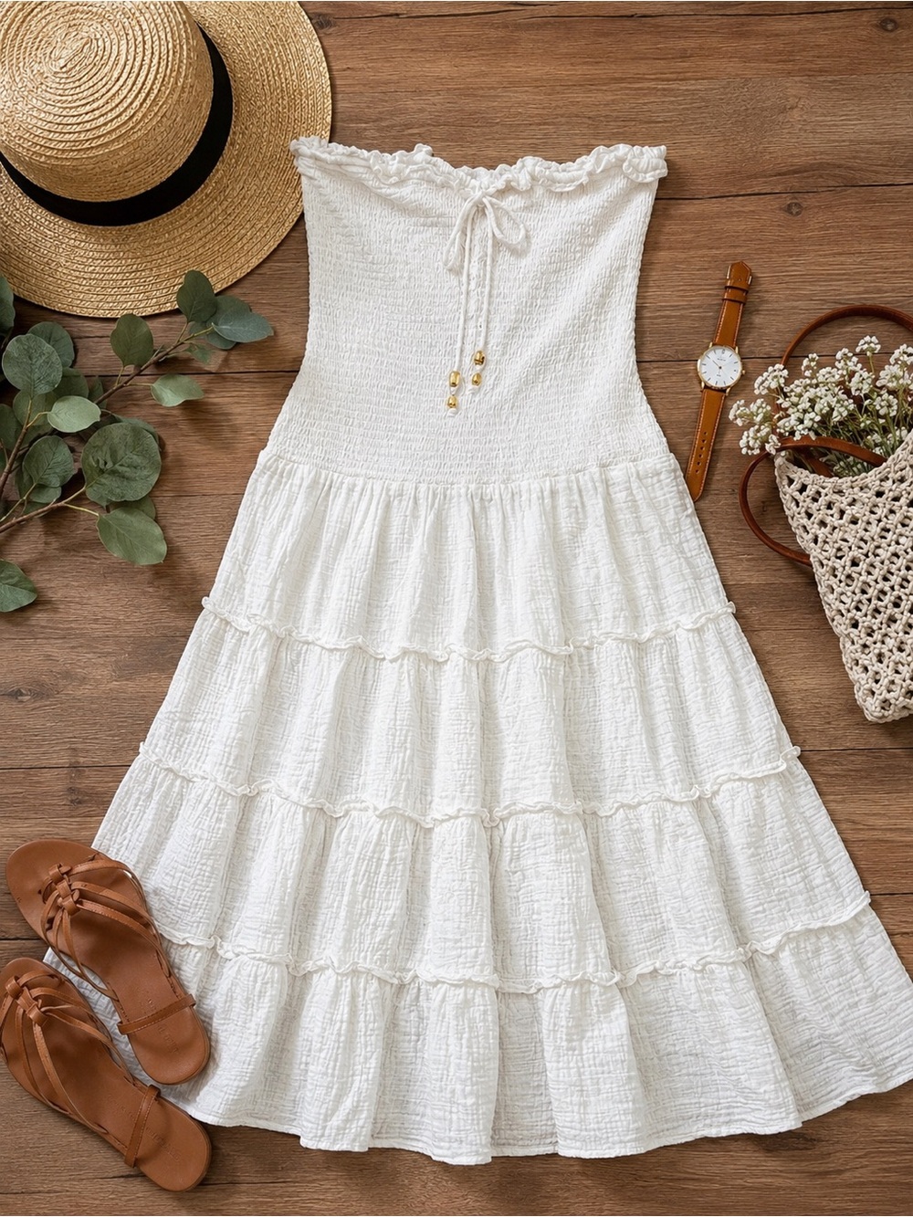 Cotton On White Smocked Strapless Tiered Maxi Dress S 8 Boho Beach Cottagecore